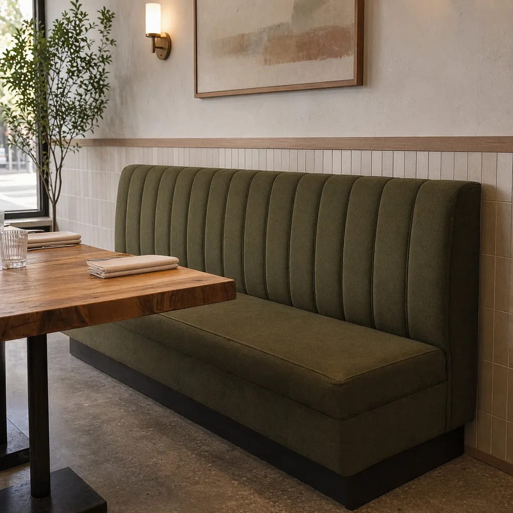 Restaurant banquette reupholstery - green commercial bench seating, Metro Vancouver