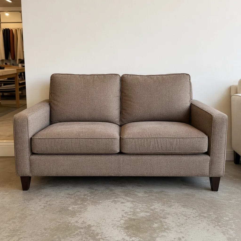 Professional sofa reupholstery - Modern two-seater in brown taupe fabric, Vancouver