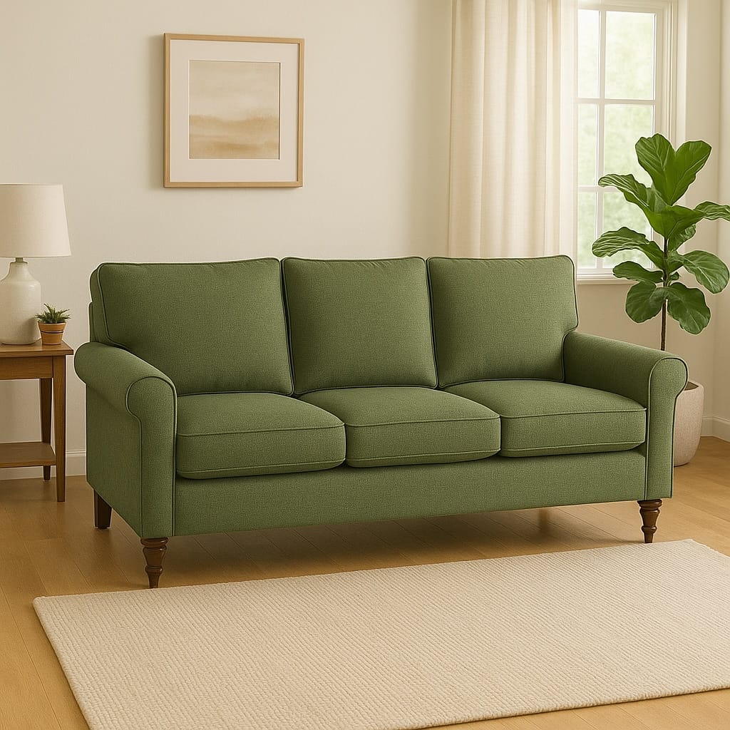 Classic three-seater sofa restoration - Green traditional upholstery design, furniture reupholstery Vancouver