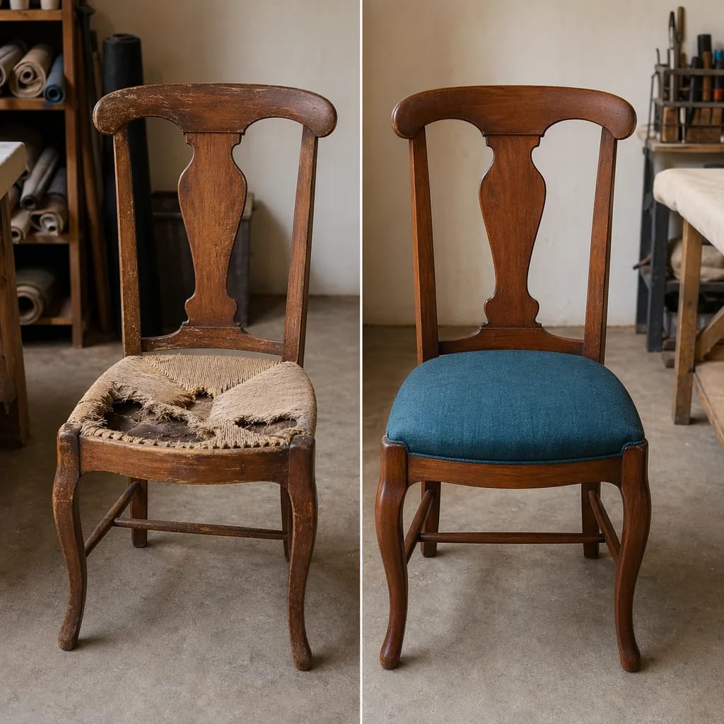 Chair transformation before and after - Rush seat to cushioned upholstery, furniture restoration Vancouver