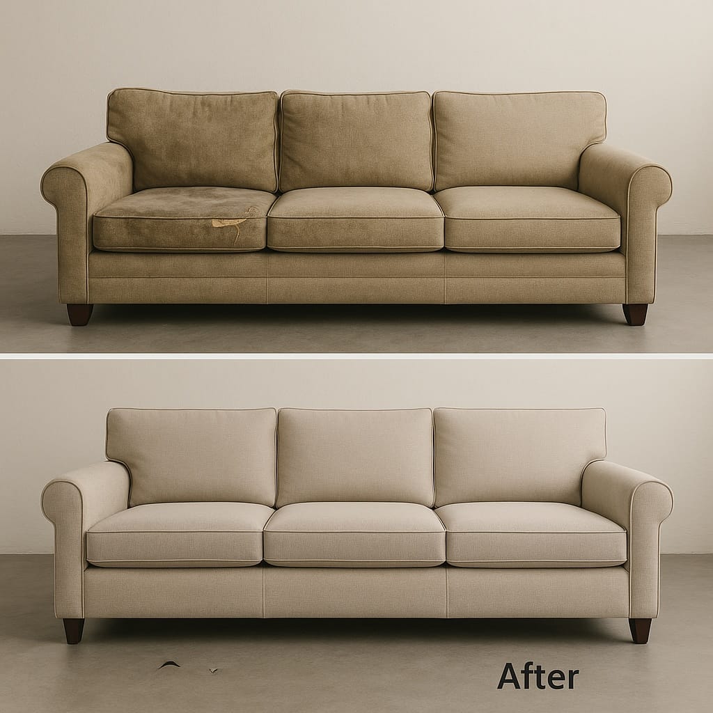 Three-seater sofa restoration - Olive and beige upholstery options, expert furniture reupholstery Metro Vancouver