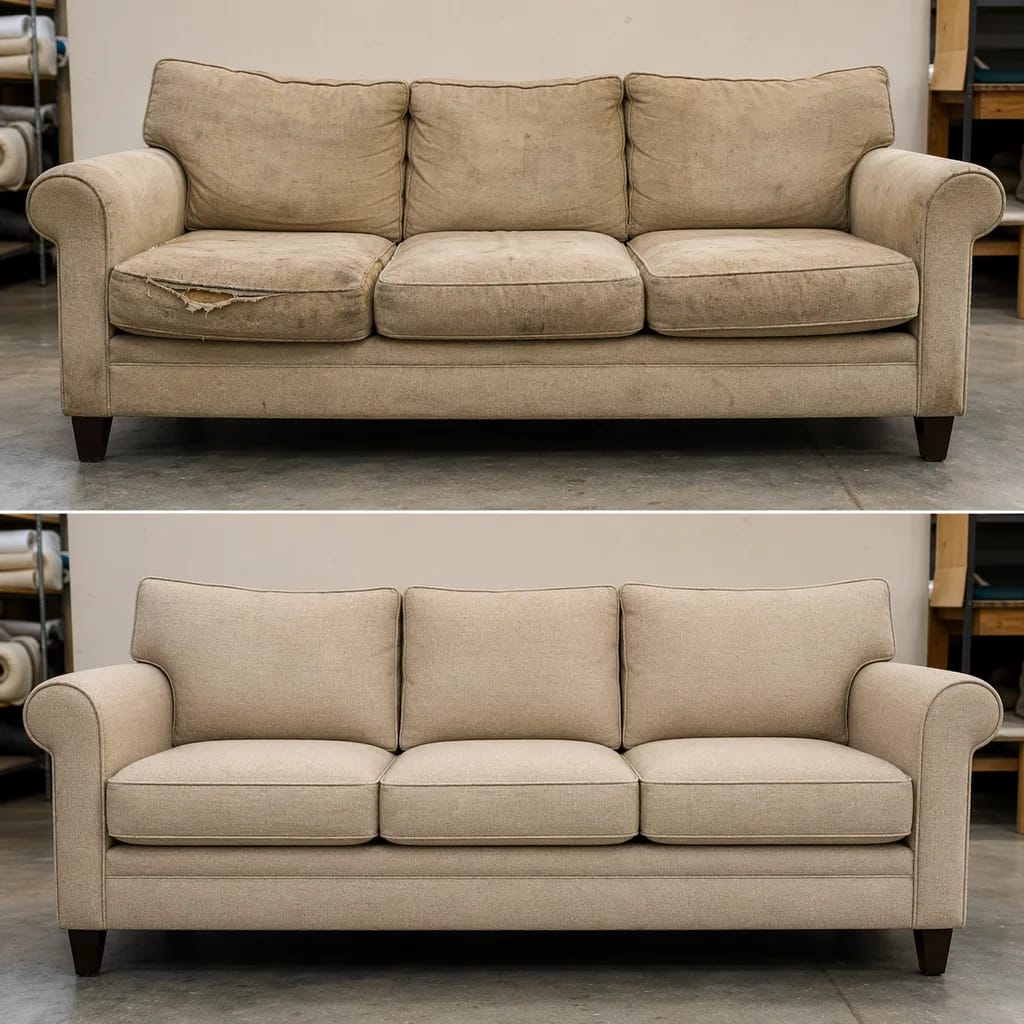Three-seater sofa restoration - Olive and beige upholstery options, expert furniture reupholstery Metro Vancouver