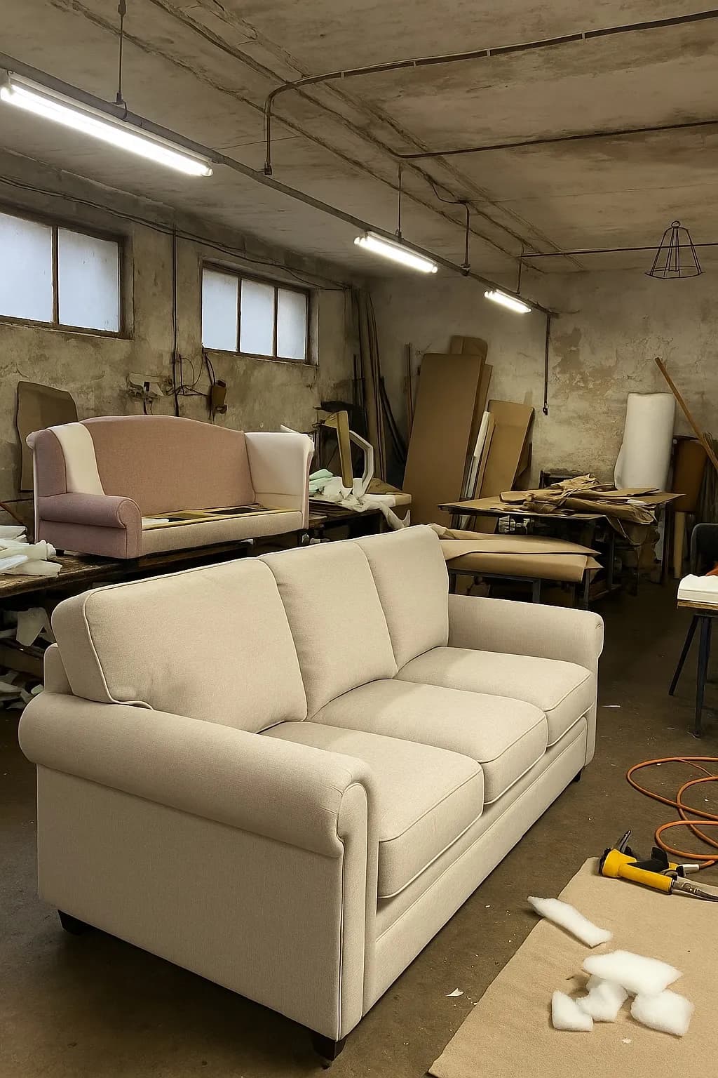 VI Reupholstery Sofa workstation with tools and in-progress furniture